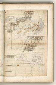 Rom, Nerva Forum, Umfassungsmauern, Schnitt durch Säule und Gesims-Details, Profil einer Figuren-Nische; Verso: Grund-und Aufriss eines Jochs der Umfassungsmauern, Kapitell