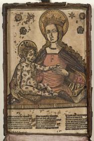 Kästchen mit eingeklebtem Holzschnitt: Die Madonna in Halbfigur hinter einer Brüstung, das mit Wunden bedeckte Jesuskind vor sich