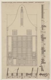 Troppau, Haus Edmund Olbrich, Aufriss, Grundriss und Vertikalschnitt der Fassade