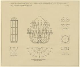 Darmstadt, Ausstellungsgebäude und Hochzeitsturm, Grundrisse und Aufrisse vier verschiedener Beleuchtungskörper