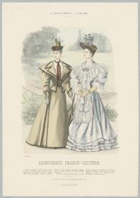 Illustrirte Frauen-Zeitung: Kleid mit Jacken-Taille und Toilette mit leicht drapiertem Oberrock