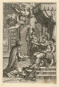 Allegorische Szene: Minerva präsentiert der Personifikation der Spanischen Monarchie ein Buch (Frontispiz für
"Bibliotheca Hispana sive Hispanorum")