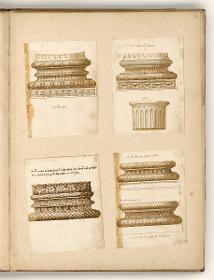 Säulenbasen, u.a. in Rom/ Adriano; oberes Ende eines Säulenschaftes mit Halsring; Schmuckbasis aus dem konst. Lateransbabtisterium; zwei Säulenbasen, die untere im Palazzo Baldassini aufbewahrt