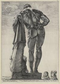 Jacob Matham und Hendrick Goltzius betrachten den Herkules Farnese