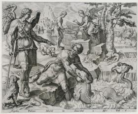 Tobias zieht den Fisch aus dem Wasser des Tigris (Tobit 6:2-5), Blatt 4 der 10-teiligen Tobiasgeschichte