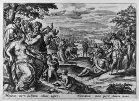 Nimrod bestimmt einen Ort für den Turmbau. Bl. 2 aus: Die Geschichte des Turmbaus zu Babel