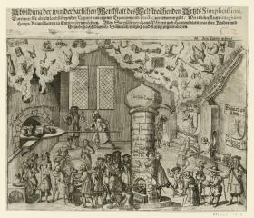 Flugblatt: Abbildung der wunderbarlichen Werckstatt des weltstreichenden Artzts Simplicissimi. Pseudo Grimmelshausen Titelblatt