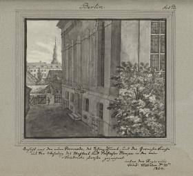 Ansicht nach der neuen Promenade, des Sophien Thurmes, und der Garnisonkirche aus der Wohnung des Mahlers und Professor Hampel in der neuen Friedrichs-Straße gezeichnet. Unter der Reg. Fried. Wilhelm des III ten. 1804.