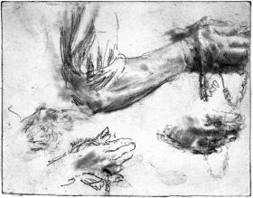 Aufgekrempelter Ärmel und Hand mit Rosenkranz