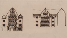 Marienbad, Projekt Kurhotel in Königswart, vorbereitende Skizze, zwei verschiedene Aufrisse eines Teils der Hauptfassade