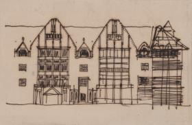 Marienbad, Projekt Kurhotel in Königswart, vorbereitende Skizze, Aufriss eines Teils der Hauptfassade