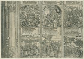 Der Triumphbogen des Kaisers Maximilian I. (23): Die sechs unteren historischen Szenen über dem rechten Portal samt des Säulenschafts der Mittelsäule