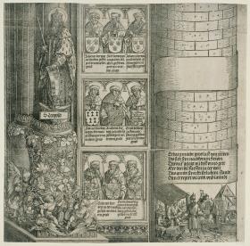 Der Triumphbogen des Kaisers Maximilian I. (28): Die Basis der rechten Außensäule, Mauerstück mit drei Königsreliefs und unterer Abschnitt des Turms mit einer historischen Szene