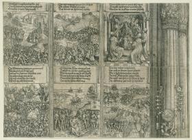 Der Triumphbogen des Kaisers Maximilian I. (12): Die sechs unteren historischen Szenen über dem linken Portal samt des Säulenschafts der linken Mittelsäule