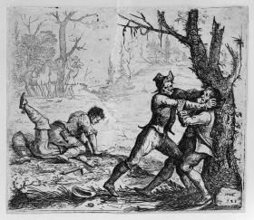 Vier kämpfende Soldaten (Die gestörte Rast). Aus: Schrecken des Dreißigjährigen Krieges