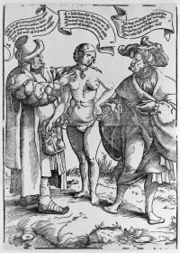 Nackte Frau mit Keuschheitsgürtel zwischen zwei Männern ("Weiberlist")