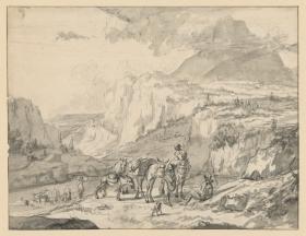 Gebirgige Landschaft, Maultiere und Reiter