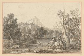 Landschaft mit einer Reitergruppe rechts im Vordergrund