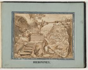Der heilige Hieronymus, in der Bibel lesend, Ausblick auf eine hügelige, felsige Landschaft