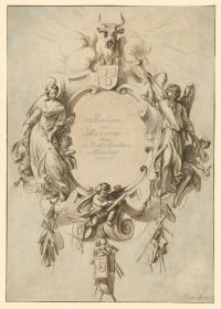 Titelumrahmung. Hochovale Kartusche, oben der Stier des Evangelisten Lukas mit dem Künstlerwappen, links die Muse der Malerei, rechts die Gestalt des Ruhmes, unten ein zeichnender Putto und drei Gehänge mit Künstlerwerkzeug, darin: "Studien van Dieren door Nederlandsche Meesters"