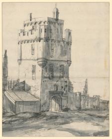 Torturm mit Ecktürmchen und Zinnen darüber, seitwärts anschließende Stadtmauer