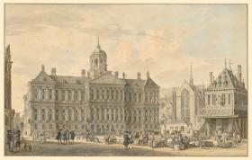 Ansicht des Damplatzes in Amsterdam mit dem Rathaus, der Nieuwe Kerk und der Wage