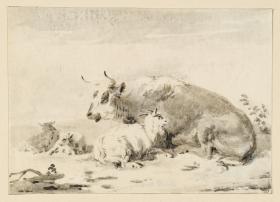 Tierstück: Kühe und Ziege