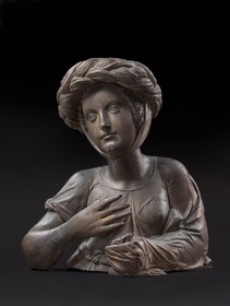 Weibliche Büste vom Chorgestühl der Augsburger Fuggerkapelle (Frau mit geflochtenem Turban)