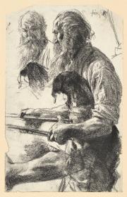 Alter Eisenarbeiter mit Schurzfell und Zange in der Hand. Studie zum "Eisenwalzwerk. Moderne Cyklopen"