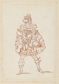 Theaterfigurine, Fantasiekostüm: Herr in Musikantenkostüm mit Schienbeinschonern