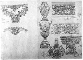 Ornamente einer Sèvres Vase und Details aus dem Schloss Blois, Schale, Flasche