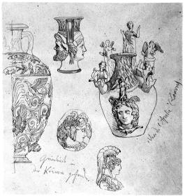 Vase de l'Apalie aus dem Louvre, zwei antike Gemmen und Vasen
