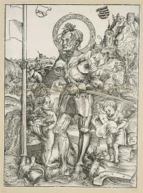 Der Hl. Georg, stehend, mit Fahnenlanze und zwei Engeln
