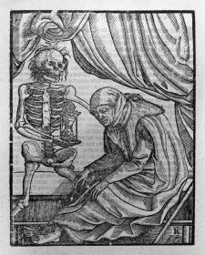 Die zehn Alter des Menschen. Alte Frau an die der Tod herantritt