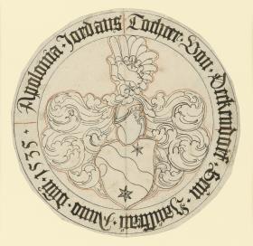 Runde Wappentafel mit zwei Sternen und schräg gewelltem Streif auf dem Schild