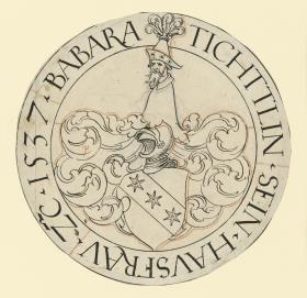 Wappen mit drei Sternen in Schrägstreif aus dem Schild und der Halbfigur eines Mannes auf dem Helm
