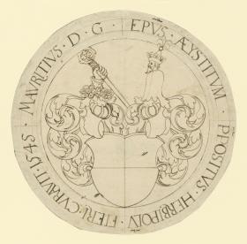 Wappen mit leerem Schild und zwei Helmen, auf welchen die Halbfigur eines Mannes und eine Hand mit Bischofsstab