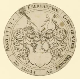 Wappen mit Bischofsstab und Geweih im gevierteten Schild