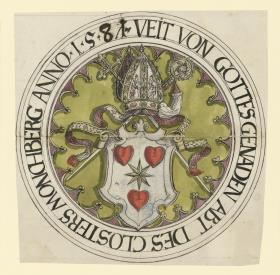 Bischöfliches Wappen in runder Fassung mit drei Herzen und einem Stern auf blauem Schild in grünem Feld