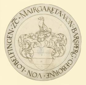 Runde Wappenscheibe, Schild in vier Querfelder zerlegt, auf dem Helm ein sitzender Hund