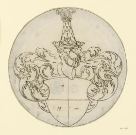 Runde Wappenscheibe mit leerem gevierteten Schild, eine Spitzkrone mit Federbusch als Helmzier