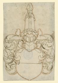 Wappenscheibe, leeres Schild, Helm mit Halbfigur eines Bischofs als Helmzier