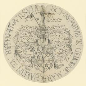 Runde Wappenscheibe, zwei gekreuzte Schwerter und je drei Reihen Türmchen auf dem Schild