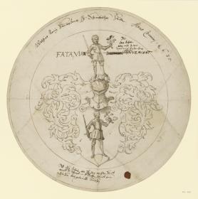 Runder Scheibenriss mit Wappen, Schild und Helmzier