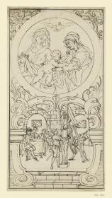 Oblonge Fensterfüllung, oben Maria mit dem Jesuskind und St. Anna, unten eine Folterszene