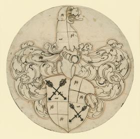 Runde Wappenscheibe, gekreuzte Zepter im Schild, Hundekopf als Helmzier