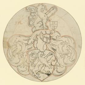 Runde Wappenscheibe, steigender Löwe mit Baumast auf Schild und Helm