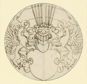 Runde Wappenscheibe, zwei Greifen als Schildhalter, eine Anzahl Fähnlein auf dem Schild
