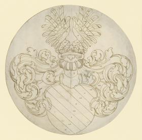 Wappenscheibe, rund, Schild schräg gestreift, Helm mit zwei Flügeln