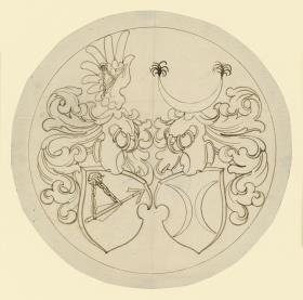 Wappen, zwei Schilder mit angekettetem Pfeil und zwei Mondsicheln